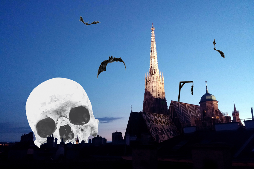 Stephansdom im Abendlicht und gruseligen Elementen